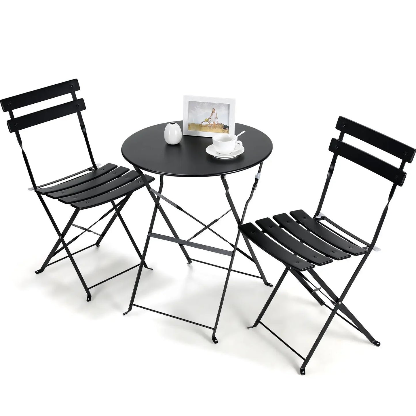 Bistroset - Tuinset - Tuintafel met Stoelen - 3-delige - Opvouwbare - Stalen Tafel en Stoelen voor Balkon - Balkonset 2 Personen - Bistrotafel - Zwart - QUORE