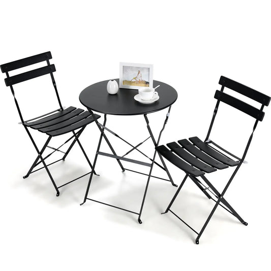 Bistroset - Tuinset - Tuintafel met Stoelen - 3-delige - Opvouwbare - Stalen Tafel en Stoelen voor Balkon - Balkonset 2 Personen - Bistrotafel - Zwart - QUORE