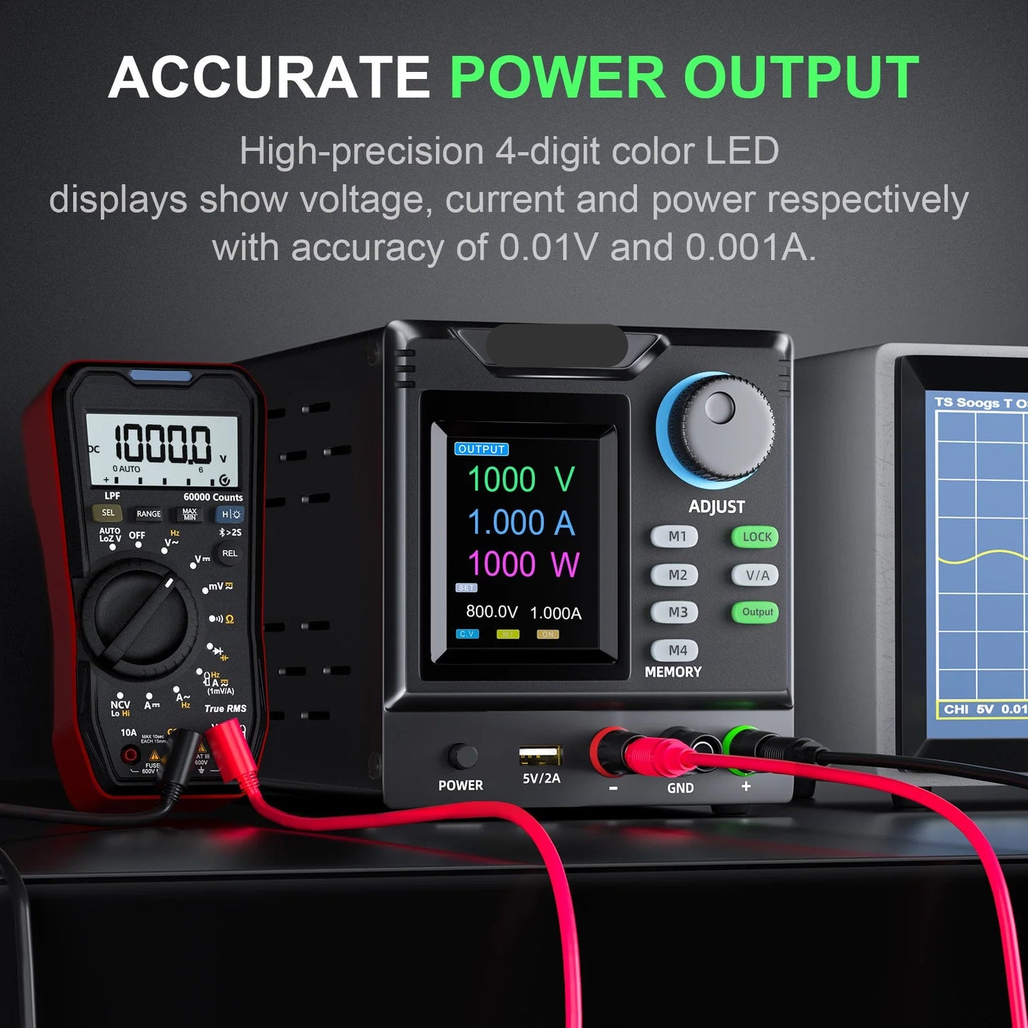 Lab Voeding - DC Bench Voeding - Regelbare Voeding - Voeding - DC Voedingsmodule - 1000V -  Programmeerbare Lab Bench Voeding – Spanning Regelaar Schakelaar – Functie Generator - 60V 5A 300W - met Software Control - Zwart