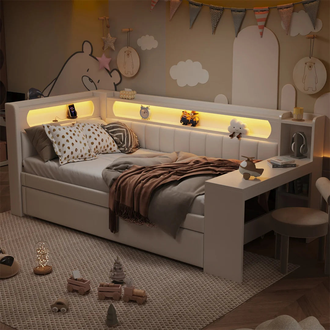 Eenpersoonsbed – Bedframe – Uittrekbed – Smart Bed – Studentenbed – Zonder Matras – Met Uittrekbed en Bureau – 90x200 cm – Wit Design