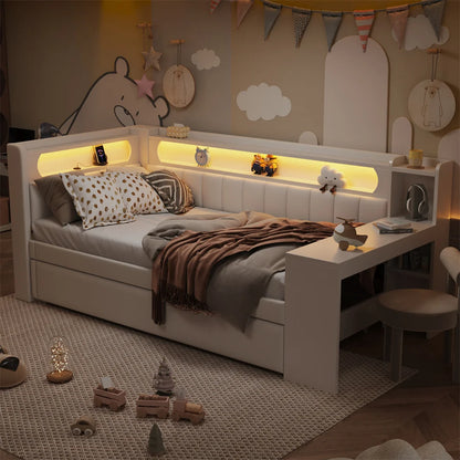 Eenpersoonsbed – Bedframe – Uittrekbed – Smart Bed – Studentenbed – Zonder Matras – Met Uittrekbed en Bureau – 90x200 cm – Wit Design