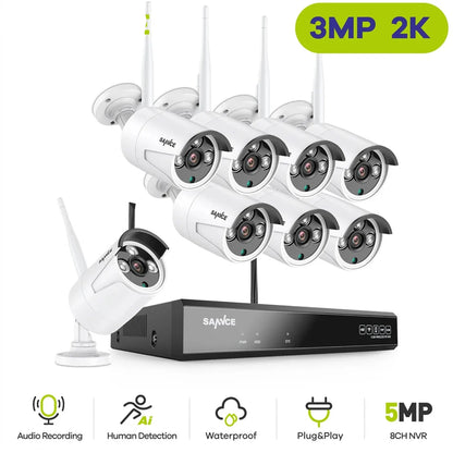 Draadloos Bewakingscamera Systeem – Wifi Beveiligingscamera – CCTV Camera Set – Videobewaking Systeem – 8CH NVR Beveiliging – 5MP Full HD Beelden – AI Bewegingsdetectie & Nachtzicht Tot 30 Meter - QUORE