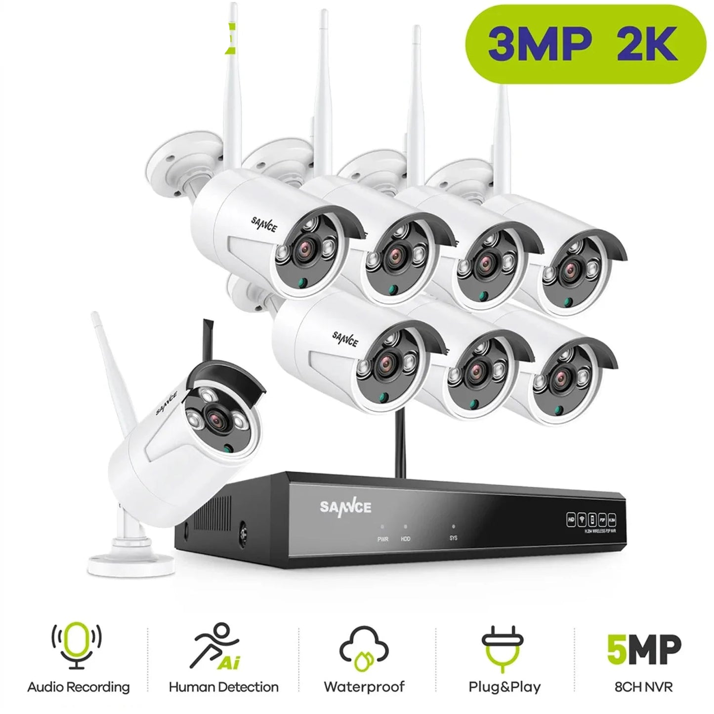 Draadloos Camerasysteem – Beveiligingssysteem – CCTV Camera’s – Wifi Video Surveillance – 8-Kanaals NVR – 3MP 2K FHD Beeld – Nachtzicht Met Smart IR - QUORE