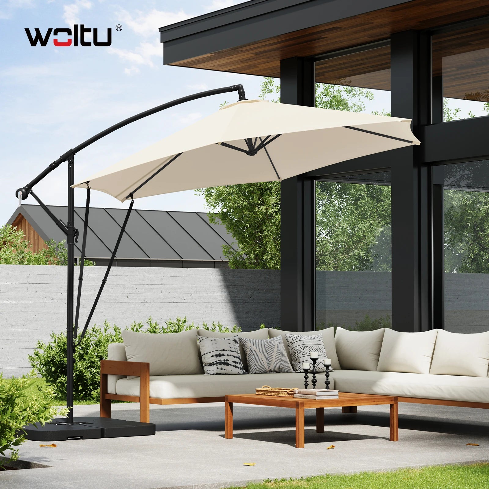 Parasol - Zweefparasols - Tuinparasol - Balkonparasol - Recht Kantelbaar - UV-bestendig - Duurzaam - Waterdicht - voor  Buiten - Tuin - Terrastafel - Rond - Polyester -310 x 310 cm - Beige - QUORE