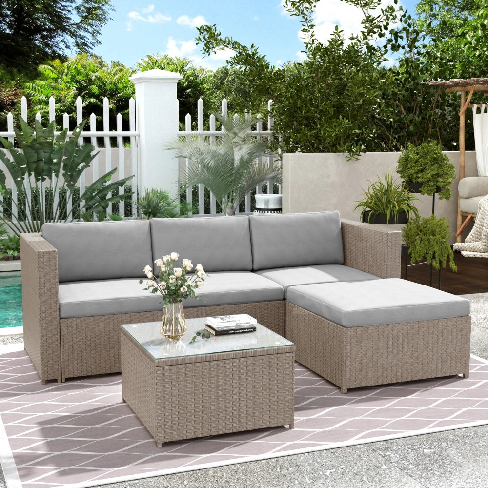 Loungestoelset – Tuinset - Buitenmeubelen - Tuinmeubilair – 4 persoons – Polyrattan met Stalen Frame – Waterafstotende Kussens - Grijs