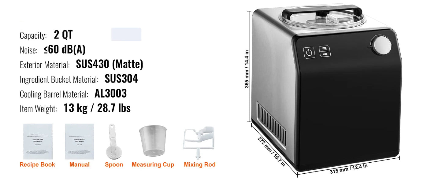 IJsmachine - IJsmaker - Automatisch - Horizontale 2QT - 180W - <60dB - met Lepel - Handleiding - Receptenboek - Maatbeker - Mengstaaf - Zwart/Zilver
