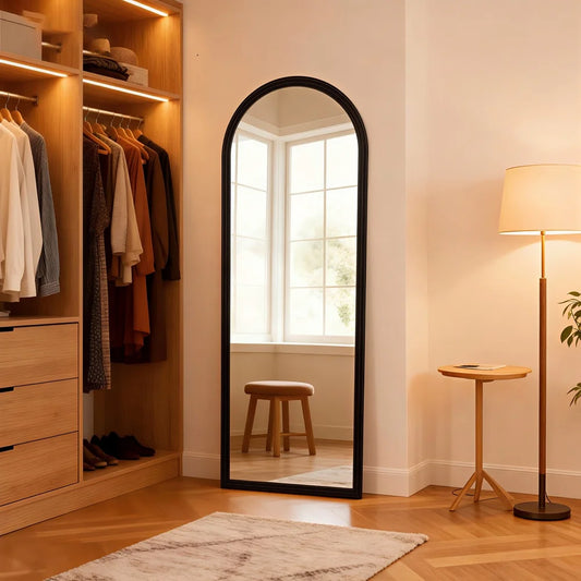Boog Spiegel – Full Length Spiegel – Staande Spiegel – Wandspiegel – Passpiegel – Massief Houten Frame – 160x50 cm – Modern Tijdloos Design – Zilver Spiegelglas – Bruin zwart wit