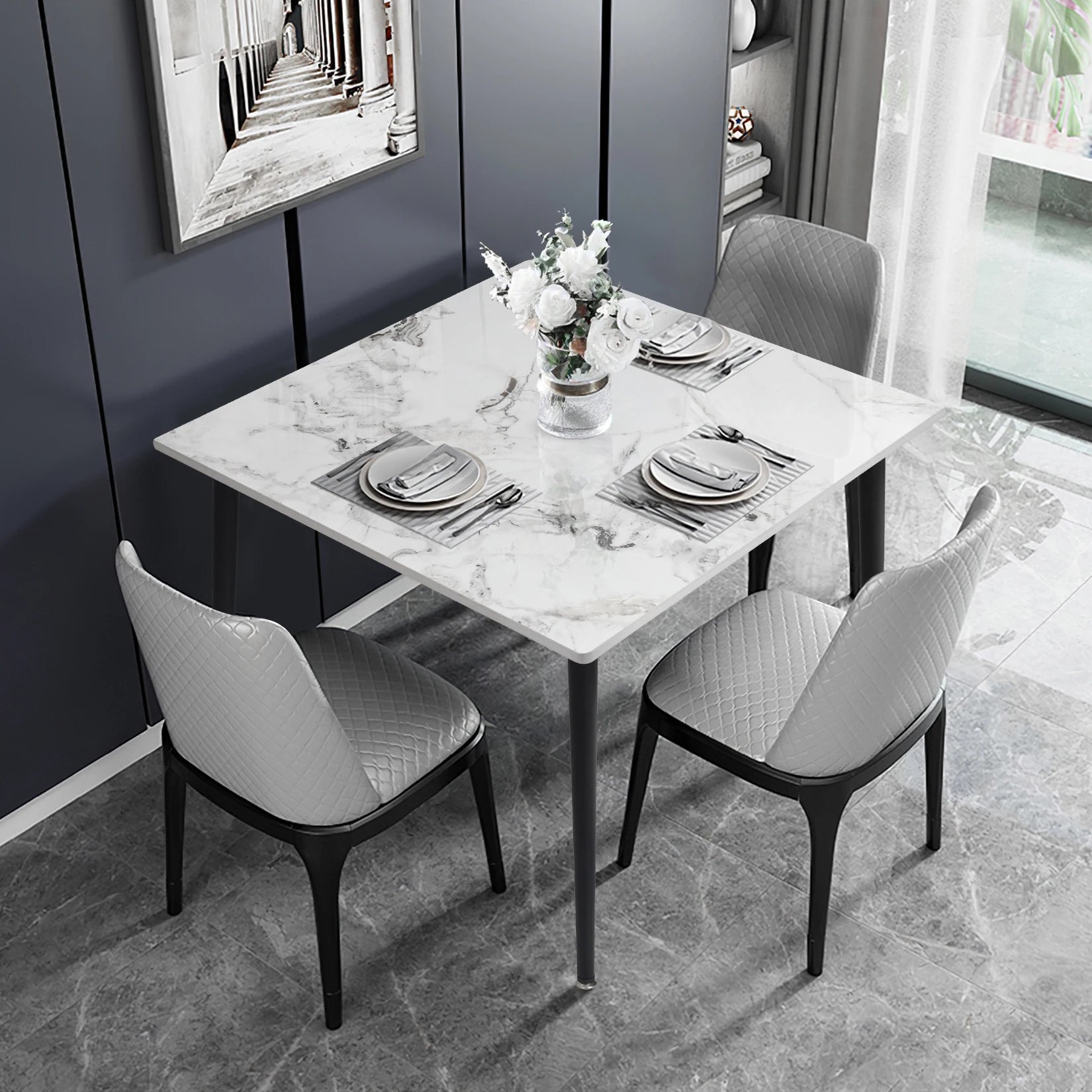 Eettafel – Tafel – Dinertafel – Keukentafel – Meubels – Modern Design – Sintered Stone Blad – Stevig Zwart Metalen Onderstel – Compact 80x80 cm – Hittebestendig - QUORE