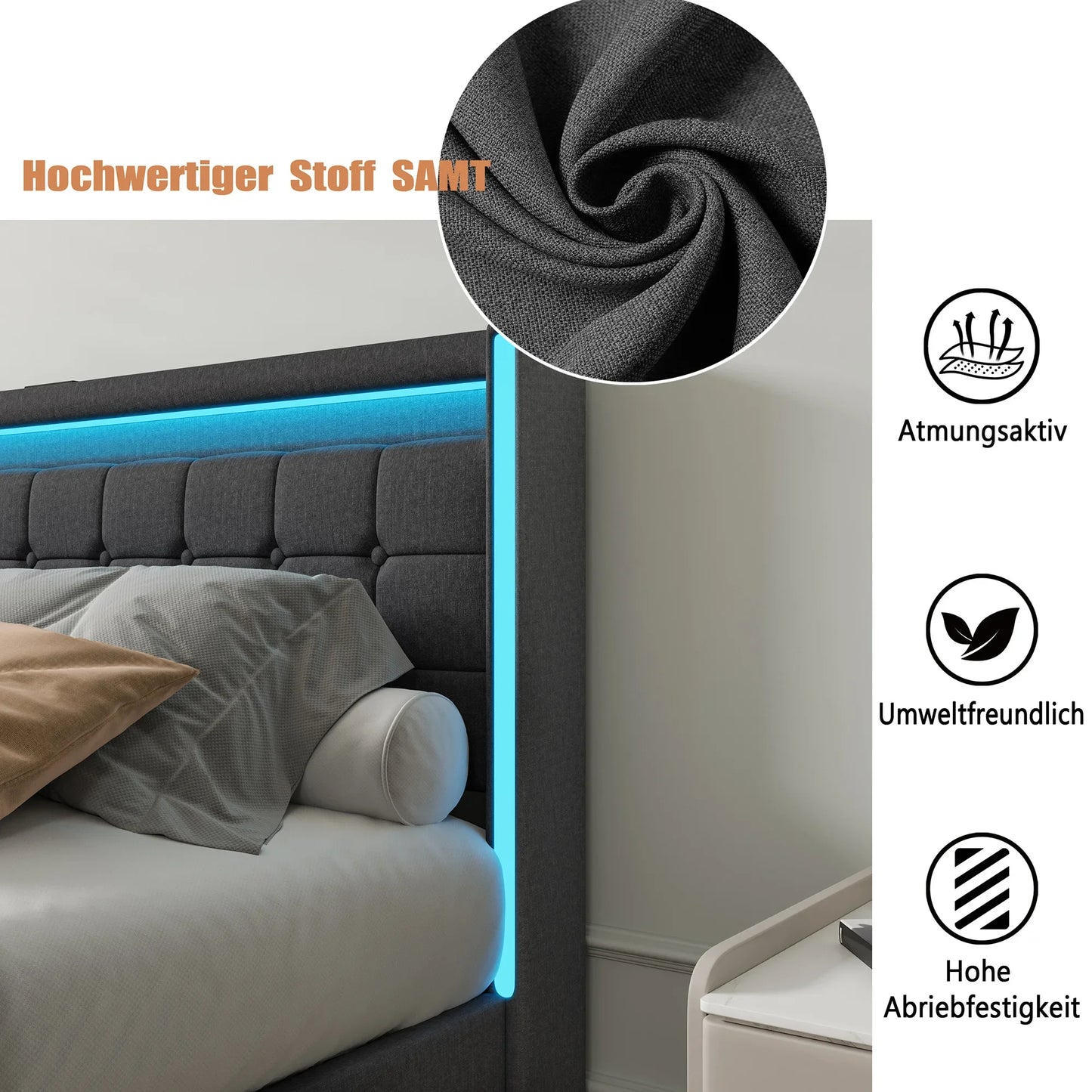 Bedkast – Bed Met Opbergruimte – Bed Met Lade – Bed Met USB – Bed Met Stopcontact – Led-Verlichting – Robuuste Houten Constructie - 160 x 200 cm - Donkergrijs