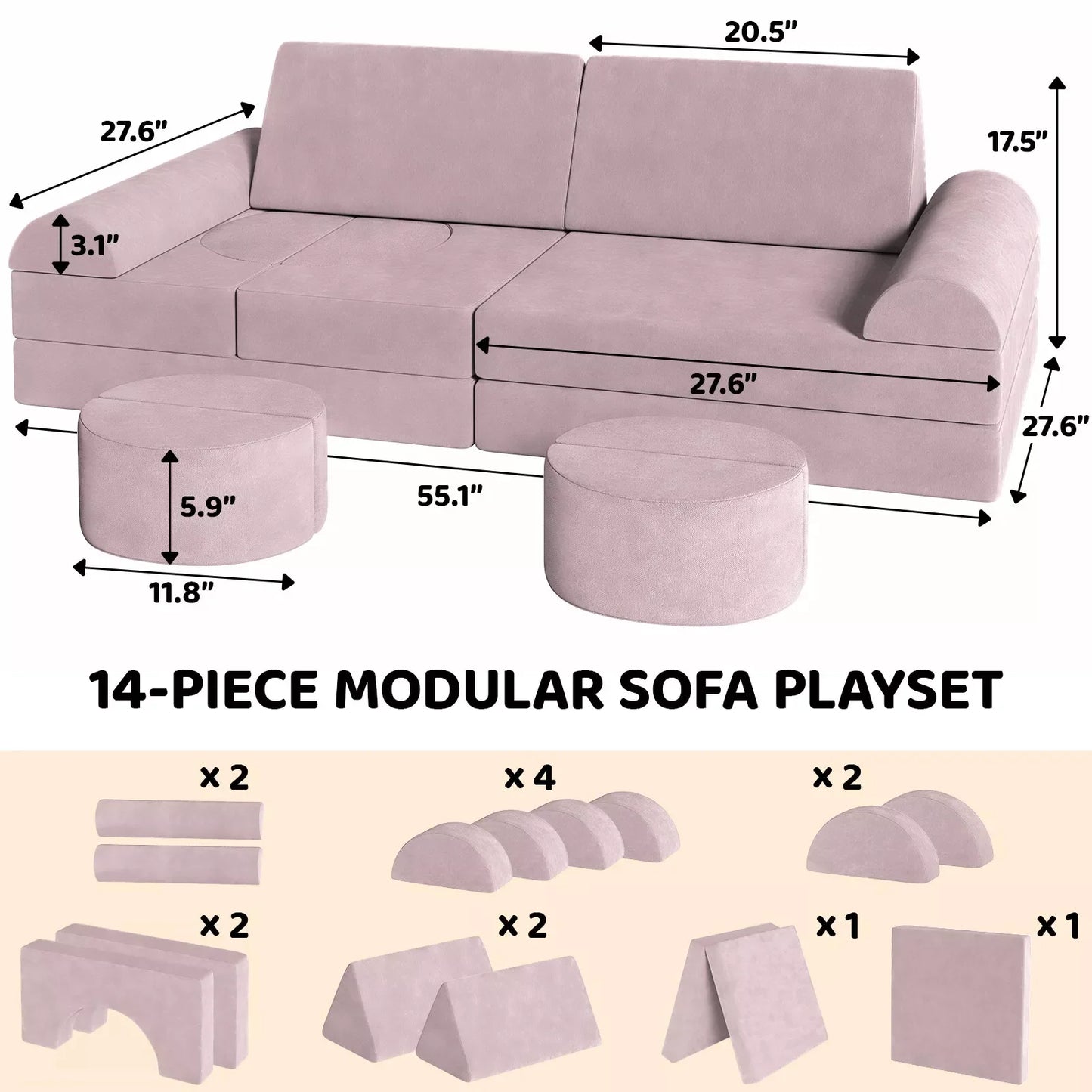 Modulaire Kindersofa – Speelbank – Kinderspeelbank – Speelmeubel – Peutersofa – Fluweelzachte Stof – 14-Delige Set - QUORE