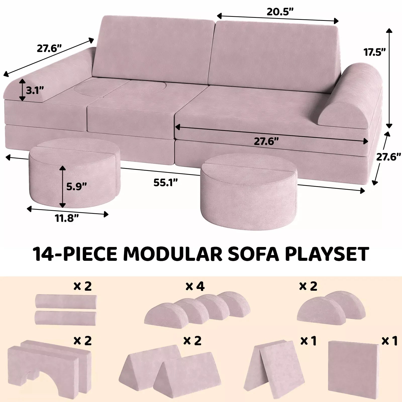Modulaire Kindersofa – Speelbank – Kinderspeelbank – Speelmeubel – Peutersofa – Fluweelzachte Stof – 14-Delige Set - QUORE
