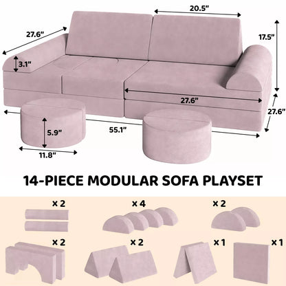 Modulaire Kindersofa – Speelbank – Kinderspeelbank – Speelmeubel – Peutersofa – Fluweelzachte Stof – 14-Delige Set - QUORE