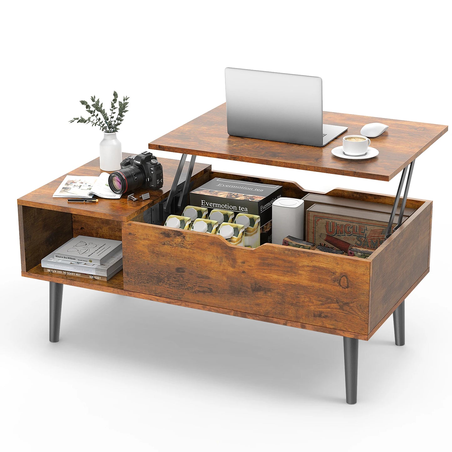 Verstelbare Salontafel - Met Lift-Top - Houten Koffietafel met Opbergruimte - Multifunctionele Eettafel - Bureau Voor Woonkamer - 100 x 50 x 44.2 cm - Chocolate