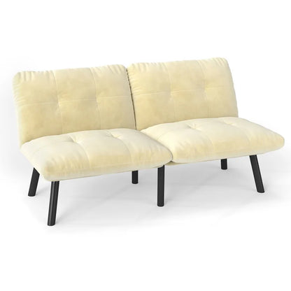Cream-colored, foldable modern sofa bed – 2-seater futon couch with sleeping function, space-saving guest bed