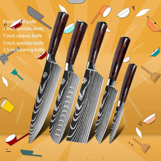 Keukenmessen - Knife set - Chef Knife - Knives - Kitchen Knife - Japans 7CR17 440C Hoog Koolstof - Roestvrij Staal - Laser Damascus Patroon Mes - ADGEF