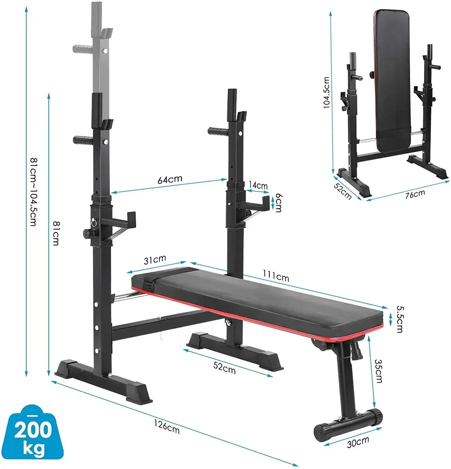 Halterbank – Fitnessbank – Gewichtbank – Trainingsbank – Bankdrukbank – Verstelbare Barbell Standaard – Maximale Draagkracht 200 kg