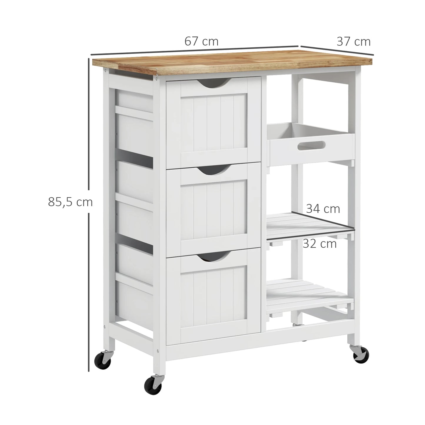 HOMCOM kitchen cart with 3 drawers removable tray 67x37x85,5 cm White - QUORE