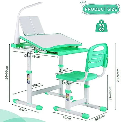 Kinderbureau en Stoel Set – Kindermeubel – Schrijftafel – Studiebureau – Kinderwerkplek – Verstelbare Hoogte 54-76 cm – LED Leeslamp met 3 Helderheidsniveaus - Lichtgroen