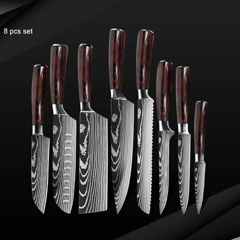 Keukenmessen - Knife set - Chef Knife - Knives - Kitchen Knife - Roestvrij staal met hoog koolstofgehalte - Damascus-tekening - Hakmesset - Santoku-koksmes - 10stuks