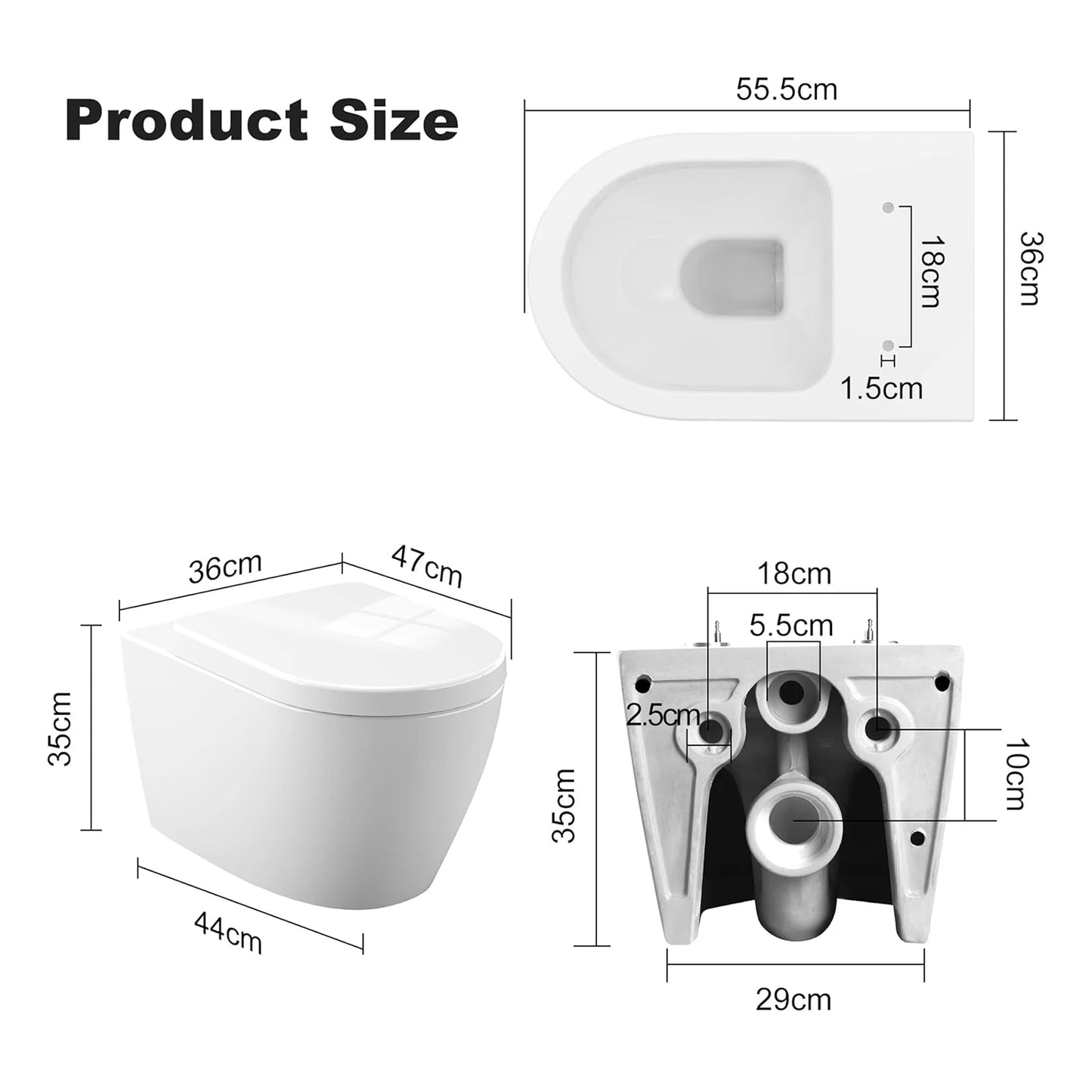 Hangend Toilet Zonder Randen – Wandtoilet – Compact Toilet – Rimless Toilet – Modern Toilet – Automatisch Zacht Sluitende Toiletbril – Hoogwaardig Keramiek 55,5x36x35 cm