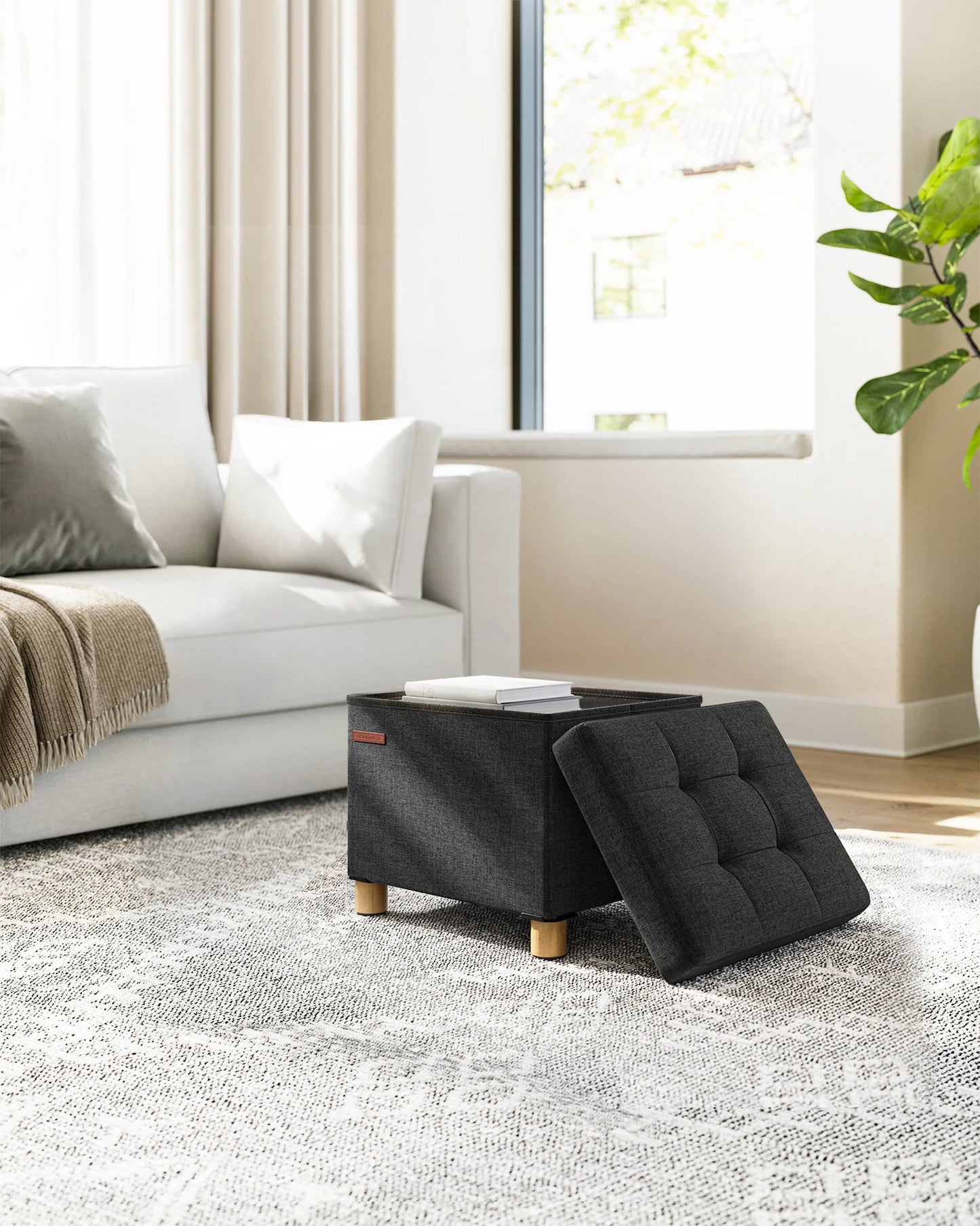 Kussenbox - Kruk - Bank - Opbergbox - Opbergruimte - 32 cm x 40 cm x 33,5 cm - Zwart - QUORE