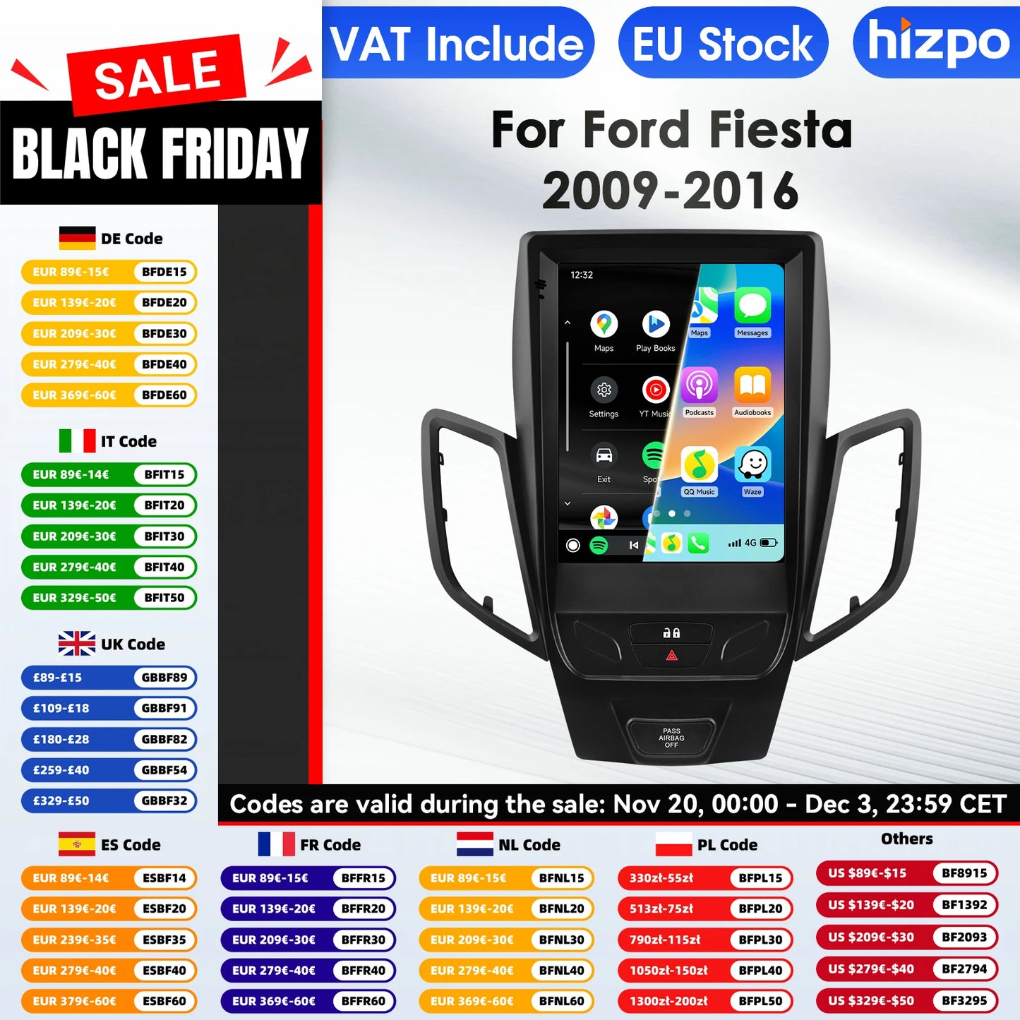 Hizpo 9.7 Inch  2 Din Car Radio for For Ford Fiesta MK7 2009 - 2016 Tesla Style CarPlay Android Auto GPS Navigation BT WIFI 4G