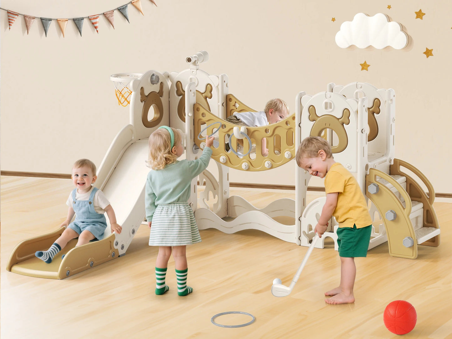 9-in-1 Speeltoestel Kinderen – Speelset Binnen – Klimrek – Glijbaan – Schommel – Basketbalring – Compact Ontwerp – Veilig & Duurzaam – Chocolade Variant
