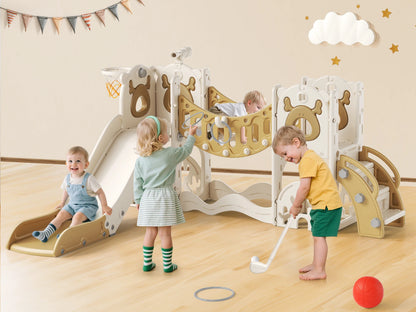 9-in-1 Speeltoestel Kinderen – Speelset Binnen – Klimrek – Glijbaan – Schommel – Basketbalring – Compact Ontwerp – Veilig & Duurzaam – Chocolade Variant