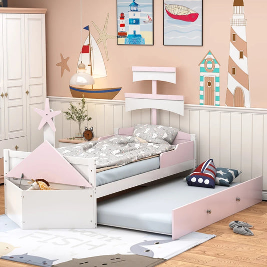 Houten kinderbed - Zeilbootvorm - Lades - Opbergkast Aan Het Einde Van Het Bed - Eenpersoonsbed - Roze
