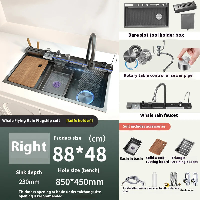 Stainless Steel Kitchen Sink WIth Waterfall Faucet Integrated Digital Display Embossed Washing Basin For Kitchen