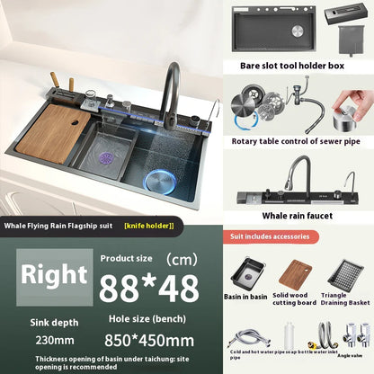 Stainless Steel Kitchen Sink WIth Waterfall Faucet Integrated Digital Display Embossed Washing Basin For Kitchen