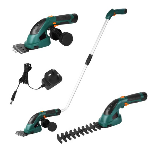 2 in 1 Accuheggenschaar - Tuingereedschap - Struiktrimmer - 17cm Zwaardlengte - met Verlengstok - Wielen - Adapter - voor het Snijden - Trimmen - Nauwkeurige Snit - 1.5Ah - 1100rpm - 7.2Vdc - Groen