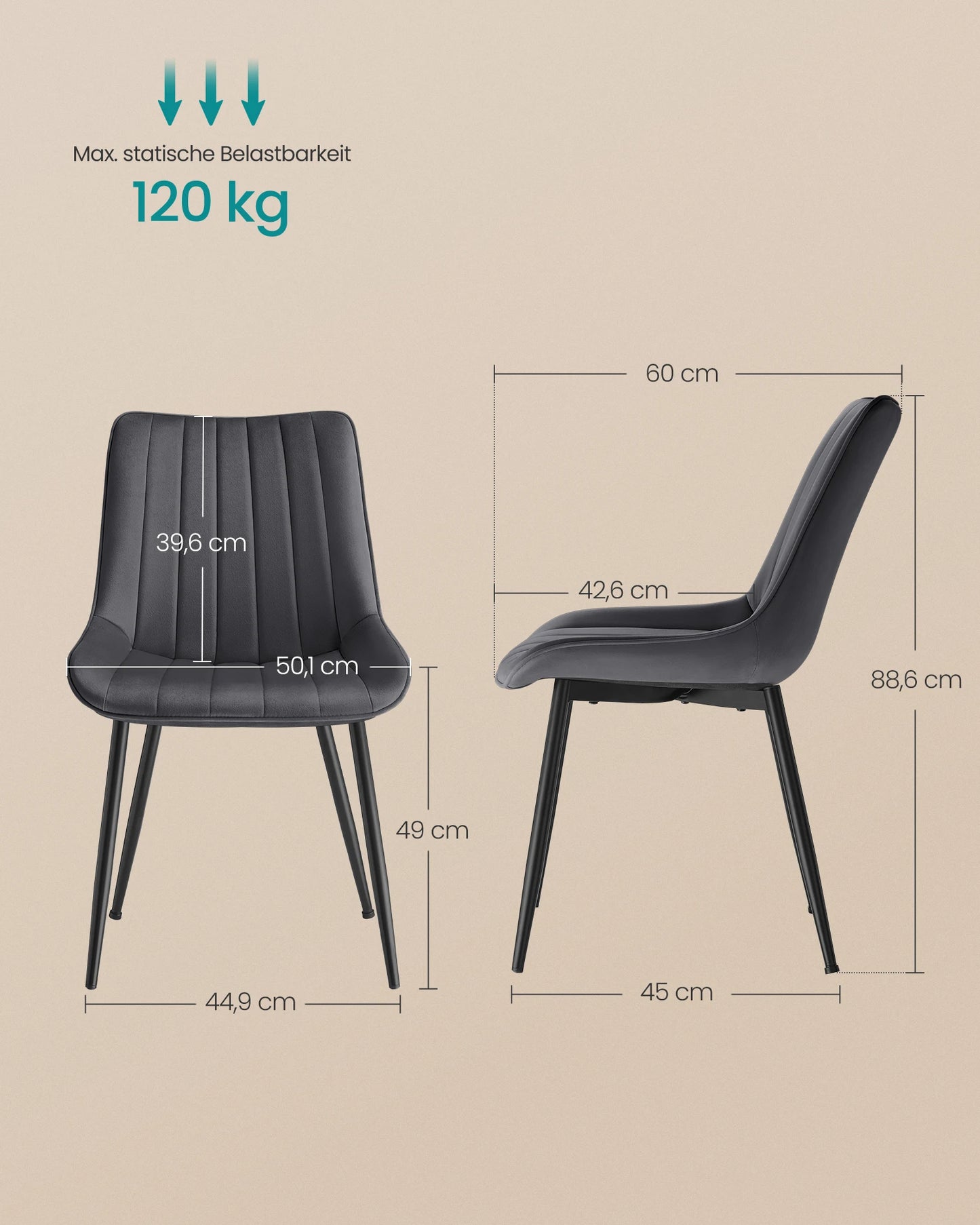 Eetkamerstoelen –  Set van 6 - Gestoffeerde Stoelen – Stoelen Set – Comfortabele Stoelen – Met Zachte Schuimvulling – Verstelbare Voeten - Grijs - QUORE