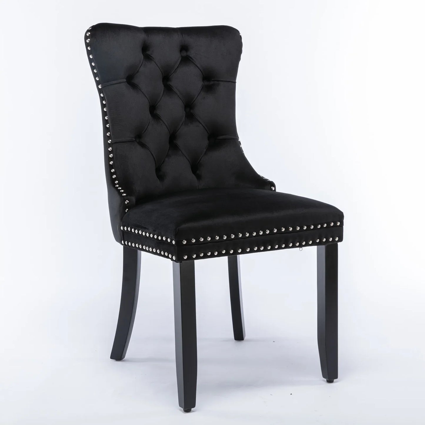 Elegant, High-End Tufted Solid Wood Dining Chairs with Velvet Upholstery, Wood Legs, and Nailhead Trim - 2-Piece Set, Black