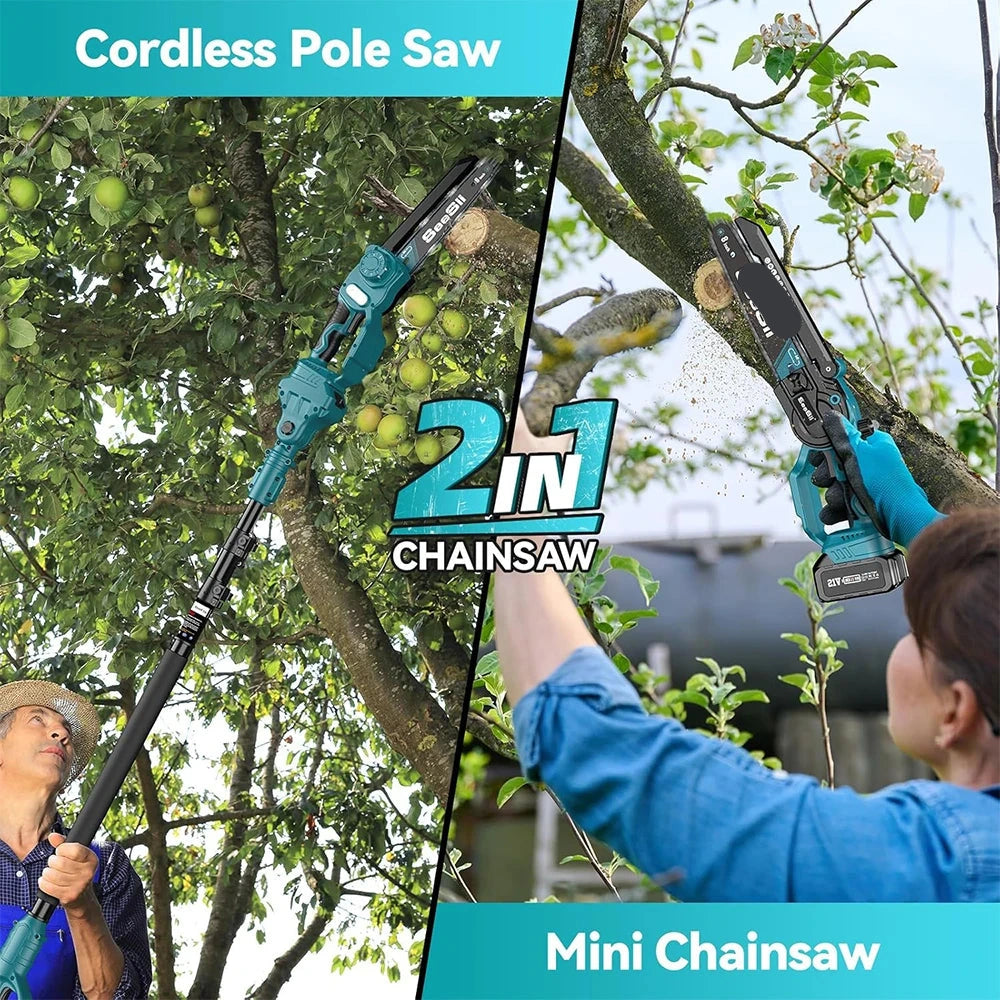 Mini Accu Kettingzaag – 2-in-1 Zaag – Snoeizaag – Telescopische Zaag – Verstelbare Steel – 20 Cm Ketting – Dubbele Lithiumbatterij