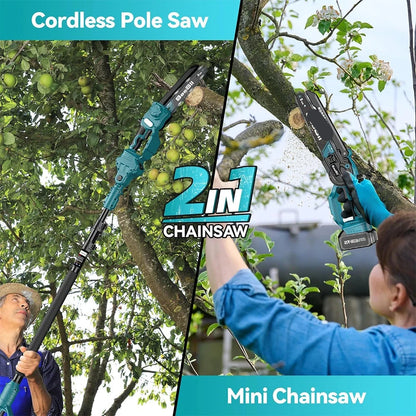 Mini Accu Kettingzaag – 2-in-1 Zaag – Snoeizaag – Telescopische Zaag – Verstelbare Steel – 20 Cm Ketting – Dubbele Lithiumbatterij