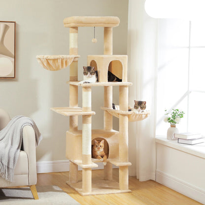 Krabpaal - voor Grote Katten – Kattenboom - met Sisal Krabpalen - 2 Grote Kattenhuizen - en Metalen Hangmat – Meerdere Verdiepingen - Arbre a Chat - XL - 168 cm Hoog – Geschikt voor Binnen – Stevig en Stabiel - Grijs - QUORE