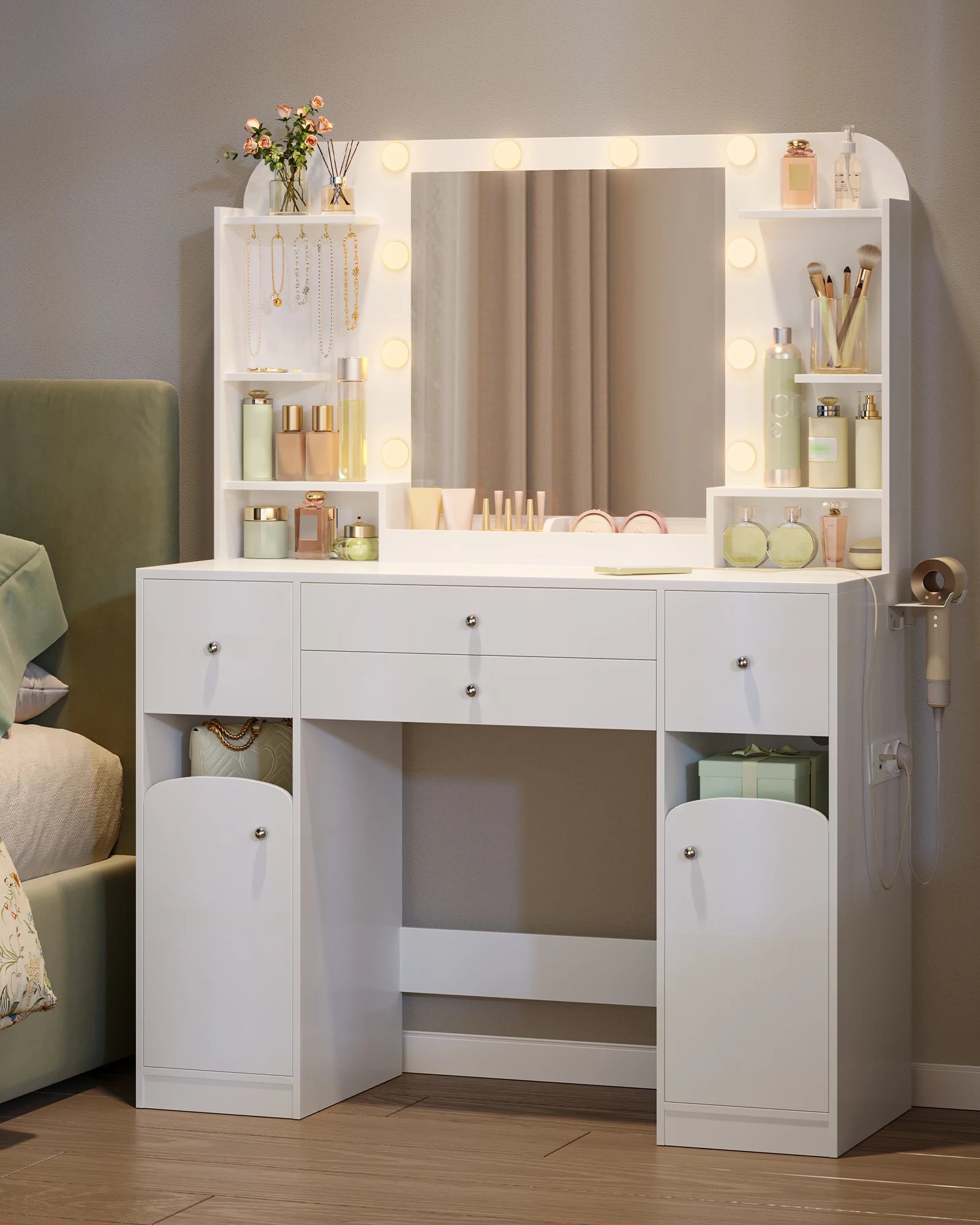 Make-uptafel – Kaptafel – Visagie tafel – Make-up bureau – Witte make-uptafel – LED-verlichting met instelbare lichtsterkte – 2 Grote laden met sieradentrays - QUORE