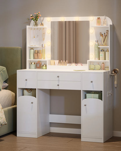 Make-uptafel – Kaptafel – Visagie tafel – Make-up bureau – Witte make-uptafel – LED-verlichting met instelbare lichtsterkte – 2 Grote laden met sieradentrays - QUORE