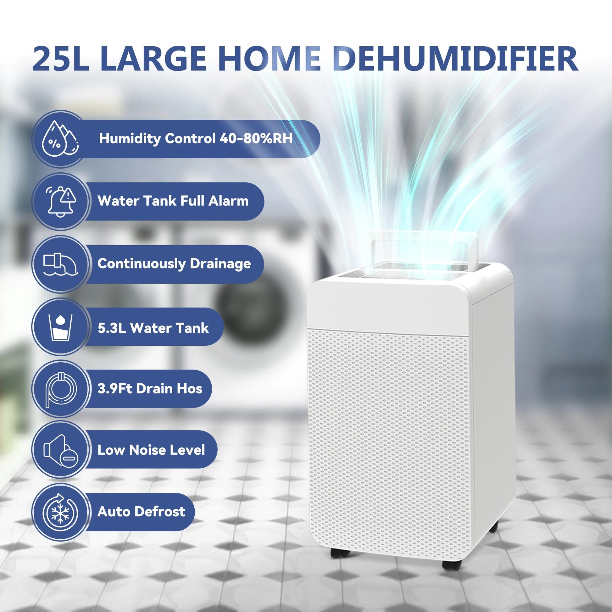 Luchtontvochtiger – Vochtbestrijder – Ontvochtiger – Air Dehumidifier – 25 Liter Per Dag – 5,5 Liter Tank – Stil Minder Dan 45 dB - QUORE