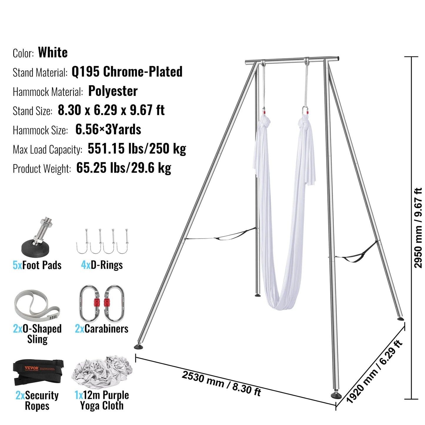 Aerial Yoga Frame – Yoga Hangmat – Stretching Frame – Buiten En Binnen – Max Draagkracht 250 Kg – Roestbestendig Chroom - Wit - QUORE