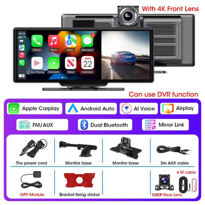 10.26” 4K Dual Dashcam Spiegel – GPS & WiFi – Draadloze CarPlay & Android Auto – Nachtvisie – Loop Recording – Zonder Geheugenkaart