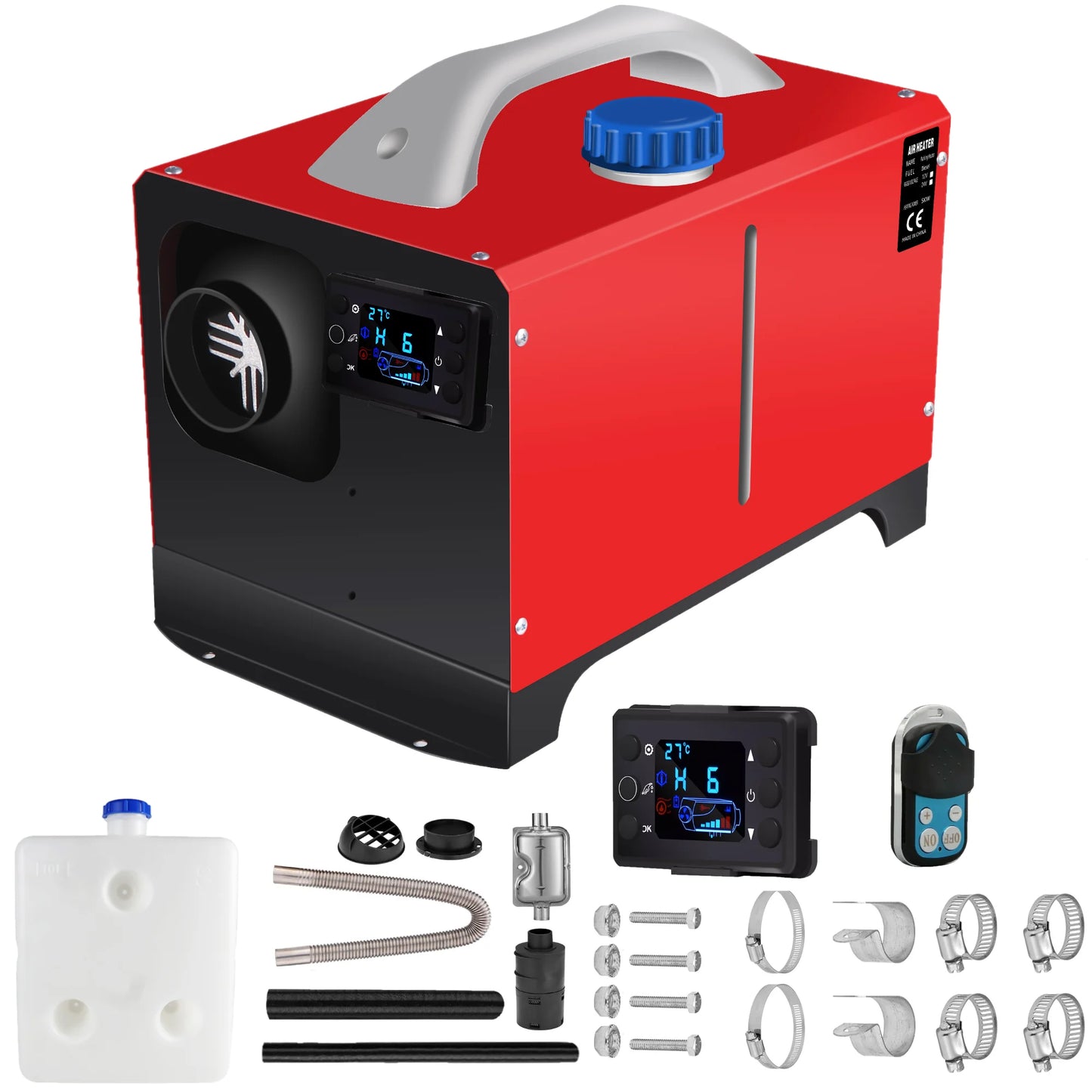 Standkachel - Diesel - 5KW - Nieuwe 12V 24V- Luchtverwarmer - met Intelligente LCD-monitor en Afstandsbediening - met Geluiddemper voor RV - Truck - Boot - Camper - Auto - Trailer - Technische Voertuigen - Oranje