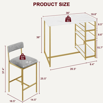 Dining Table Set Bar Table with 2 Upholstered Chairs &3 Storage Shelves Small Space Kitchen Table Pub Table Set