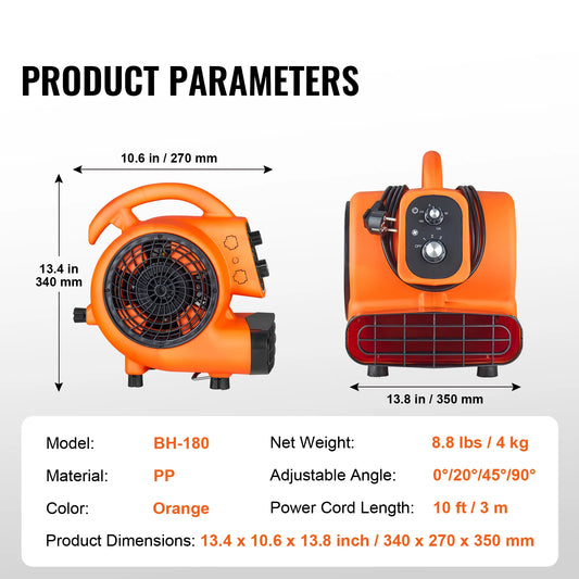 Elektrische Luchtblazer - Air Duster - Perslucht - Vloerblazer - 13.3kg - 1350 RPM - Droog - Koelen - 3 Instelbare Snelheden - Timer - Draagbare Handgreep - Oranje