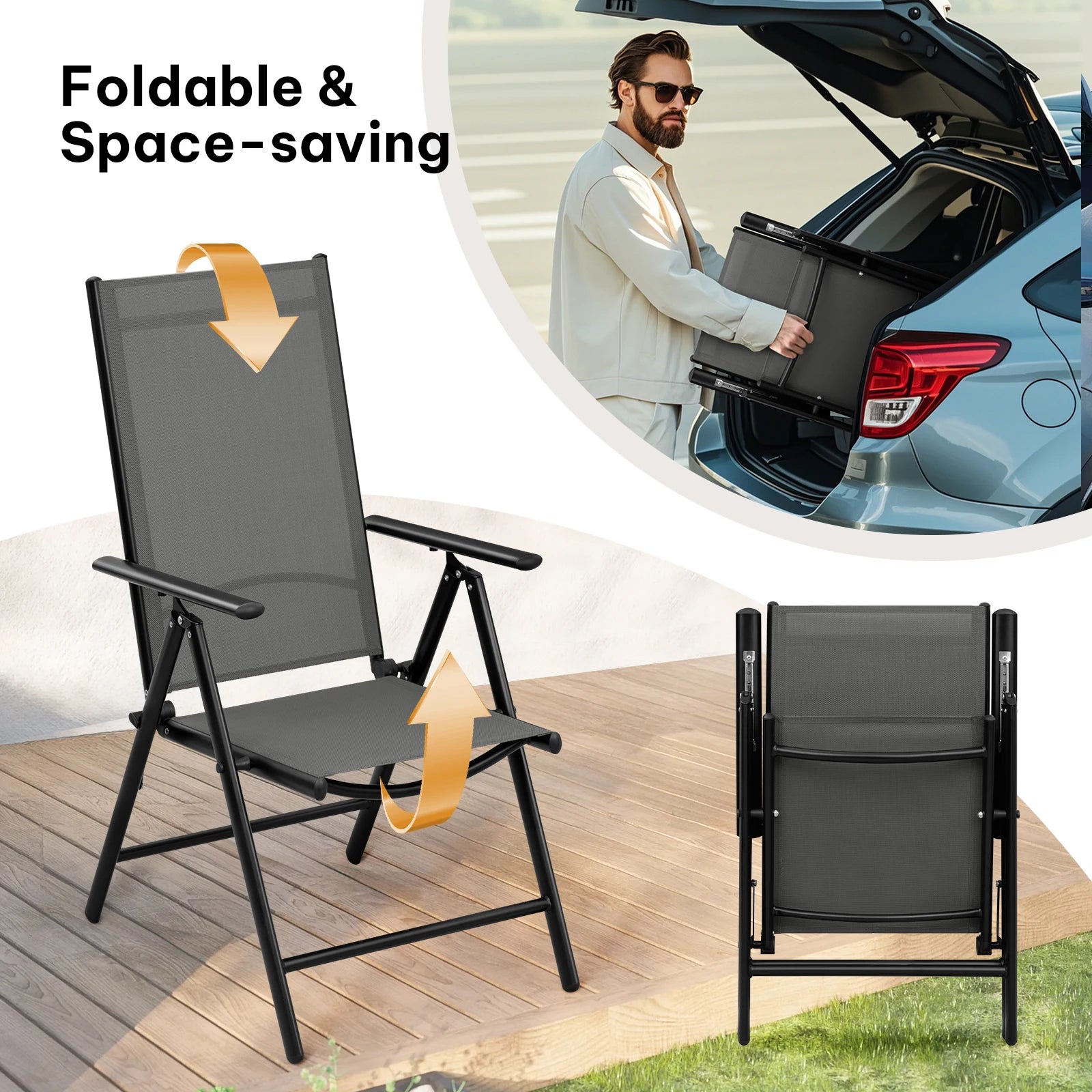 Opvouwbare Tuinstoelen Set van 4 – Inklapbare Stoelen met 7 Standen – Verstelbare Buitenkstoelen – Zwart – 150 kg Draagvermogen – 48x67x84 cm - QUORE