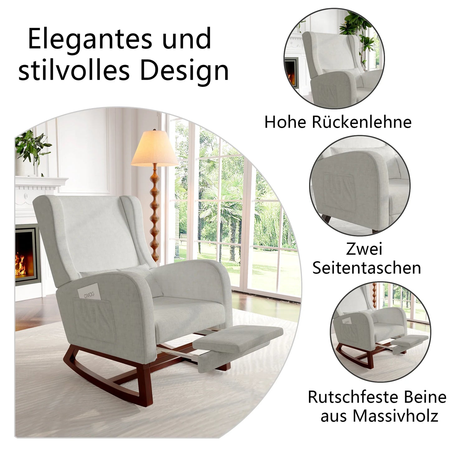 Schommelstoel – Relaxstoel – Woonkamerstoel – Schommelstoeltje – Zachte Katoenen Bekleding – Massief Houten Basis – Anti-Slip Schommelpoten