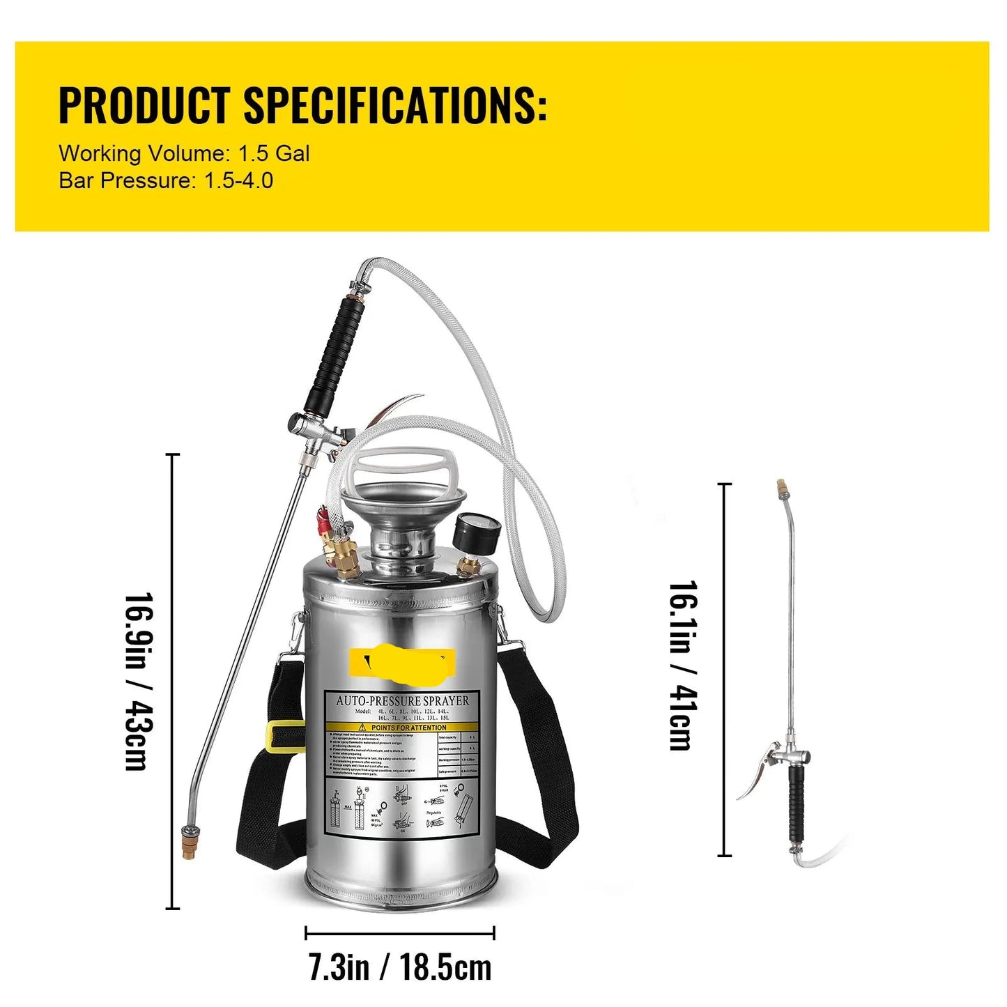 RVS Tuinsproeier - Rugspuit - Onkruidsproeier - Sproeier - Drukspuit - 6L - Handpomp - Verstelbare Messing Nozzle - voor Tuin - Reiniging - Desinfectie