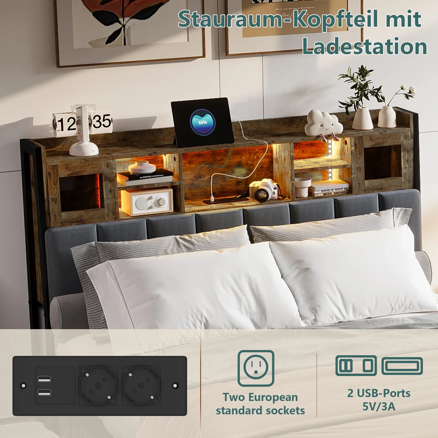 Linnen Gestoffeerd Bed – Tweepersoonsbed – Opbergbed – Bed Met Laden – Bed Met Hoofdbord – 160x200 cm – RGB LED Verlichting – Ingebouwde USB Oplaadpoorten