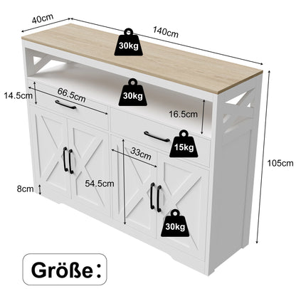Dressoir – Sideboard – Kast – Opbergmeubel – Buffetkast – Modern Scandinavisch Design – Wit MDF 140×40×105 cm – Veel Opbergruimte Met 2 Lades & 4 Deuren